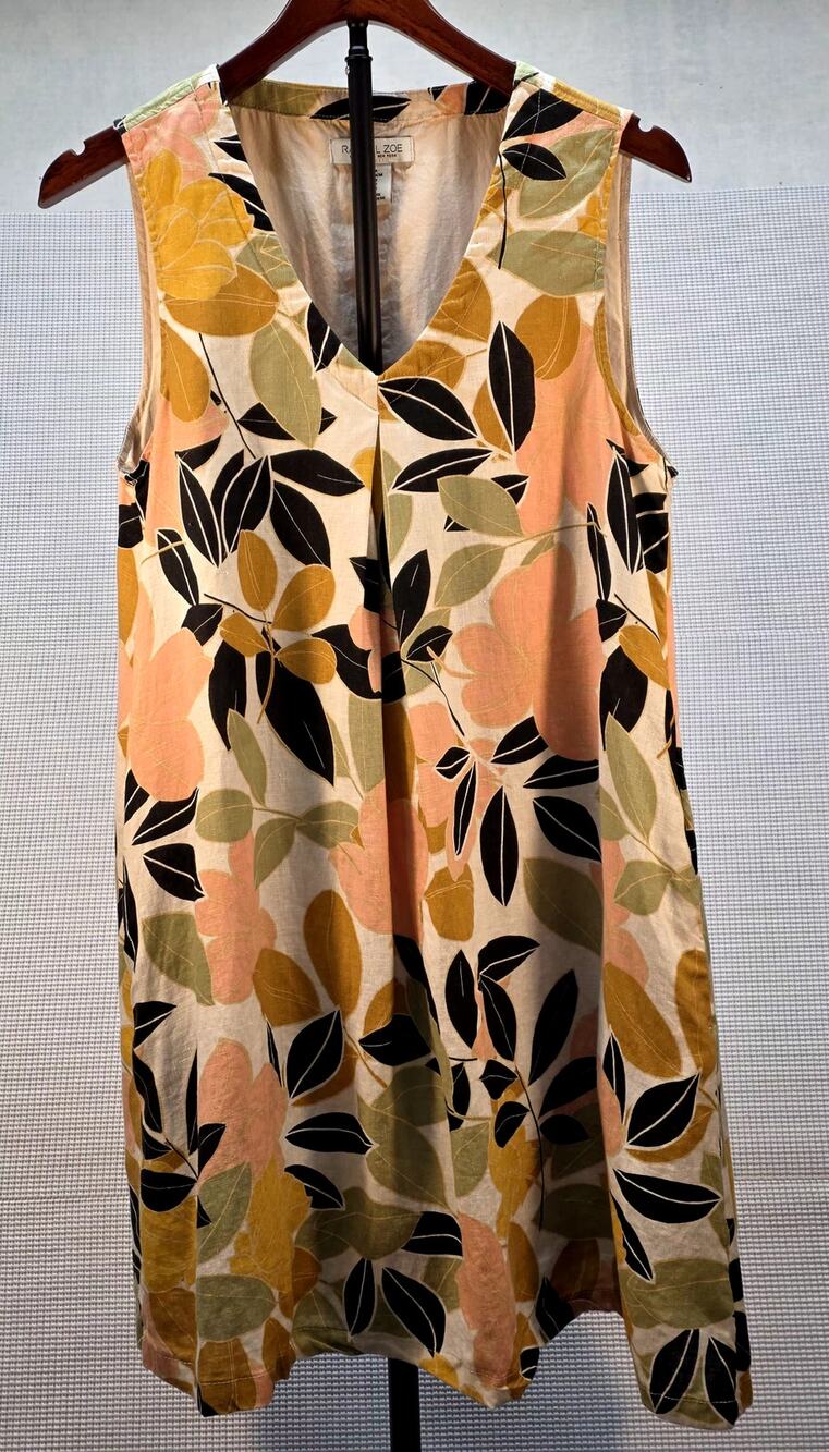 Rachel Zoe Linen Floral Shift Dress V-Neck Sleeveless Swing Mini Size Medium